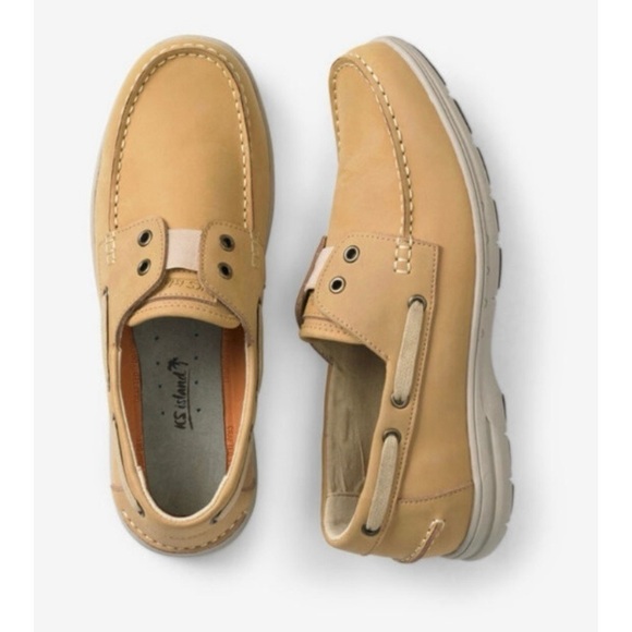 KS Island Tan Leather Boat Shoes Slip-On Size 9 Wide NEW IN BOX - Picture 1 of 16